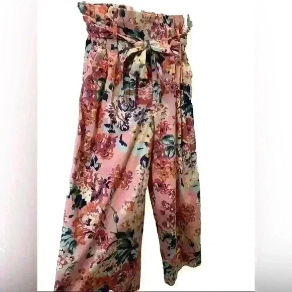 Zara Pink Floral Wide Leg Pants Tie Waist High Rise- Size Extra Small - Picture 5 of 8